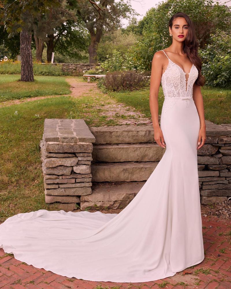 La22117 low back crepe wedding dress with lace and long train5